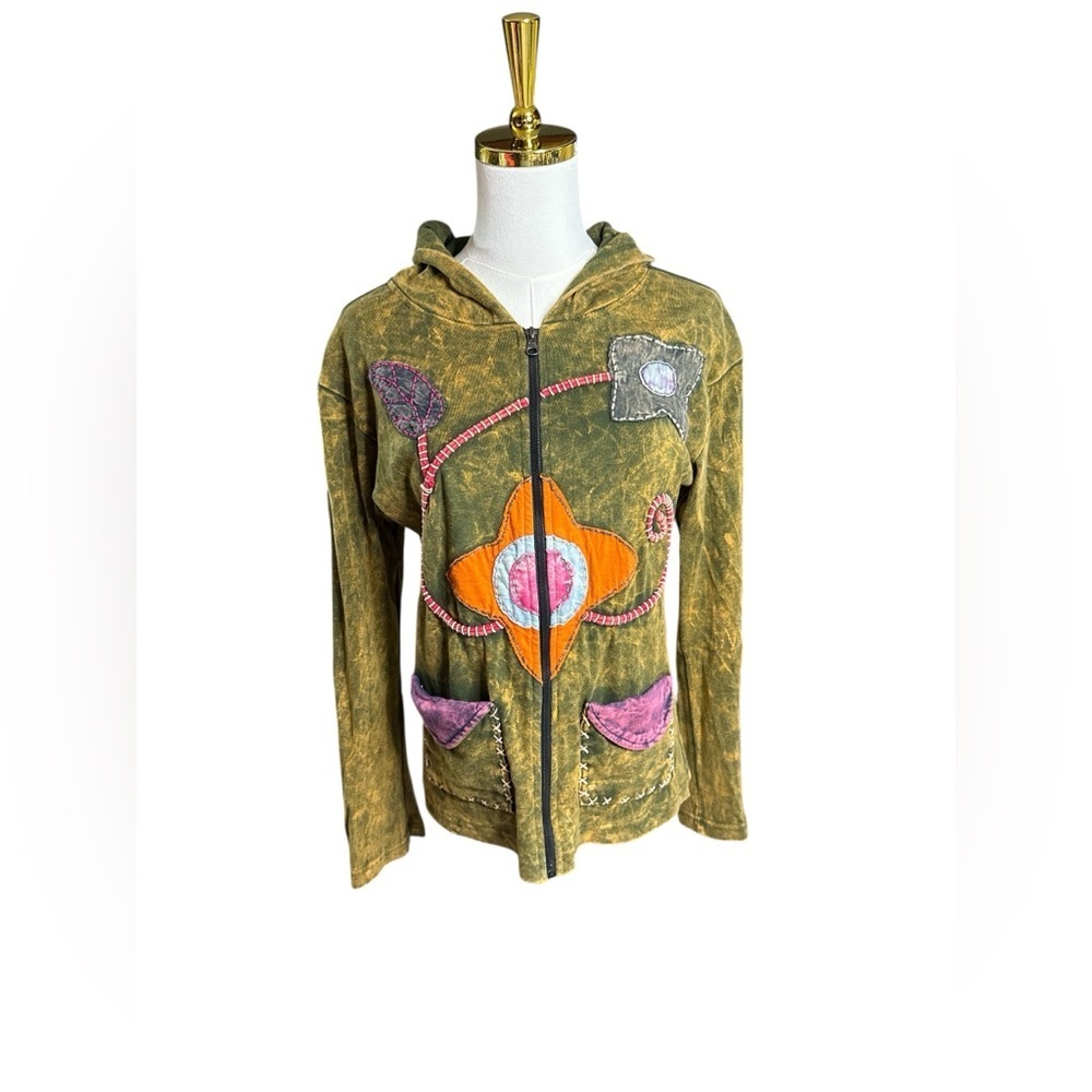 Shop Therapy Peace Hoodie Embroidered Patchwork Multi Colored Cotton Size M
